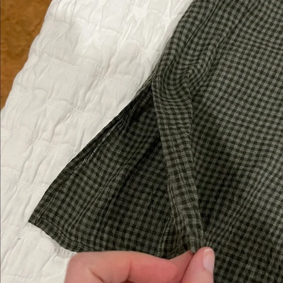 Eileen Fisher Loden Green Gingham Puckered Organic Linen Dress XS NWT